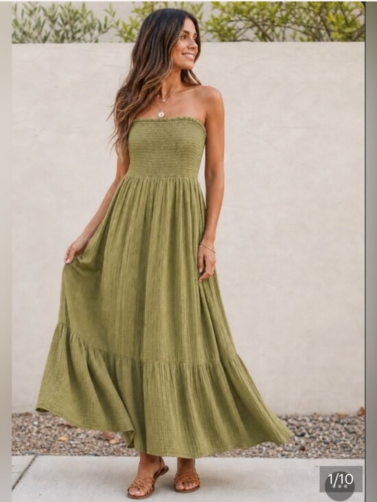 Anthropologie Dresses & Skirts - By Anthropologie S Olive Green Strapless Double Gauze Maxi Dress Boho Tiered